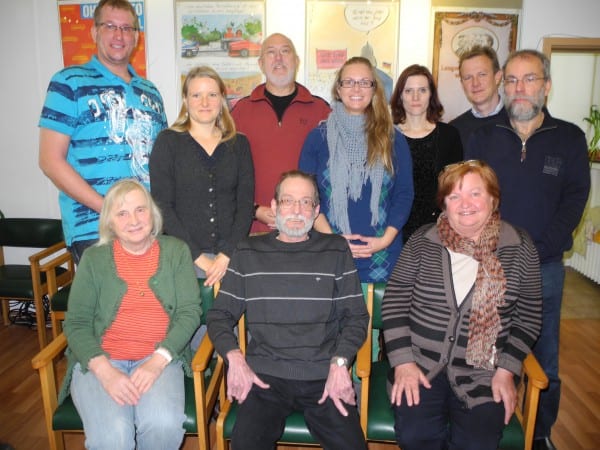 Kandidatinnen und Kandidaten von Bündnis 90/Die Grünen für die Wahl des Stadtrates am 25.Mai 2014 stehen fest: (obere Reihe) Dirk Steinbüchel, Theresia Meinhardt, Dirk Weber, Sarah Bähner, Dr. Cornelia Rüdig, Maik Außendorf, Prof. Peter Baeumle-Courth. (untere Reihe) Edeltraud Schundau, Dr. Ulrich Steffen, Annemie Scheerer. 