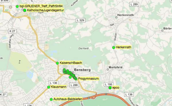 Übersicht der Freifunk-Zugänge in Bergisch Gladbach. Ein Klick auf das Bild führt zur Karte.