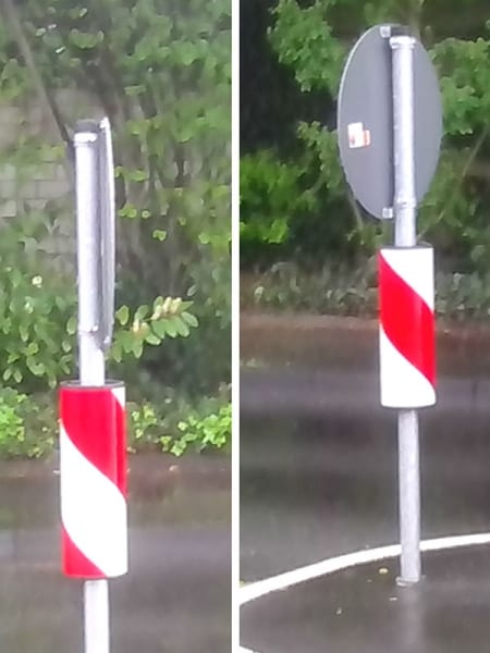 Plötzlich im rot-weißen Mantel: Schild in Schildgen