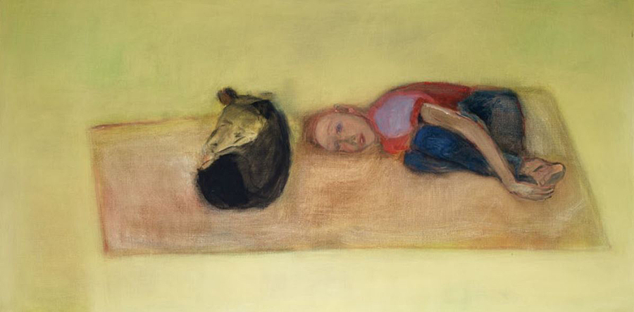 Barbara Camilla Tucholski, Jana mit Hund, 1993, Öl auf Leinwand, 90×180 cm